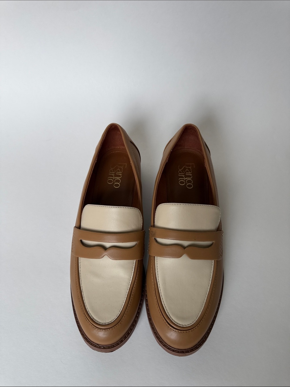 Franco Sarto Women’s Cream and Tan Leather Penny Loafers